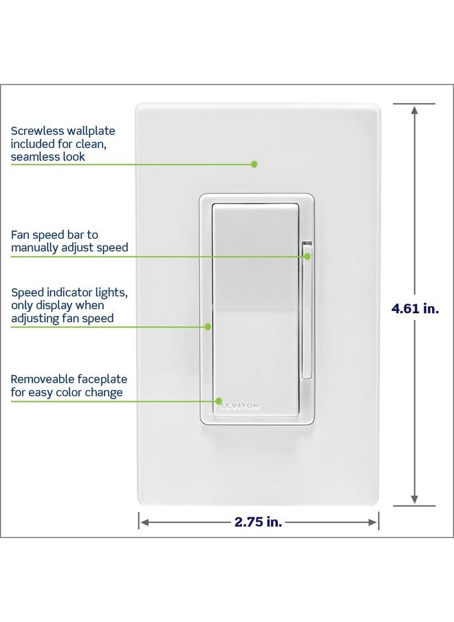 Leviton - Leviton Decora Smart Fan Speed Controller, Wi-Fi 2nd Gen, Neutral Wire Required, Works with My Leviton, Alexa, Google Assistant, Apple Home/Siri & Wired or Wire-Free 3-Way, D24SF-1RW, White - Image 1