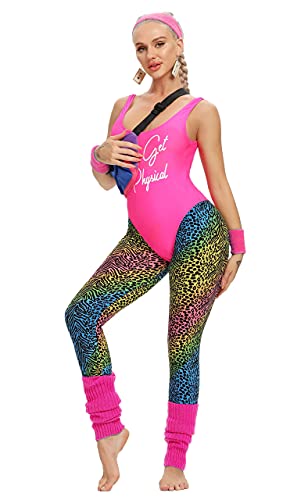 MIAIULIA Womens 80s Workout Costume Outfit 80s Accessories Set Leotard Legging Earring Leg Warmers Headband Wristbands Let's Get Physical Pink M - Image 4