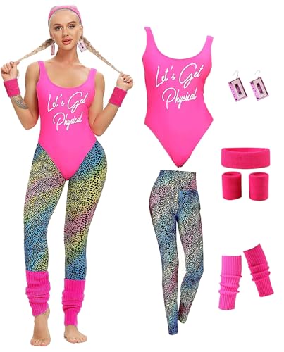 MIAIULIA Womens 80s Workout Costume Outfit 80s Accessories Set Leotard Legging Earring Leg Warmers Headband Wristbands Let's Get Physical Pink M - Image 1