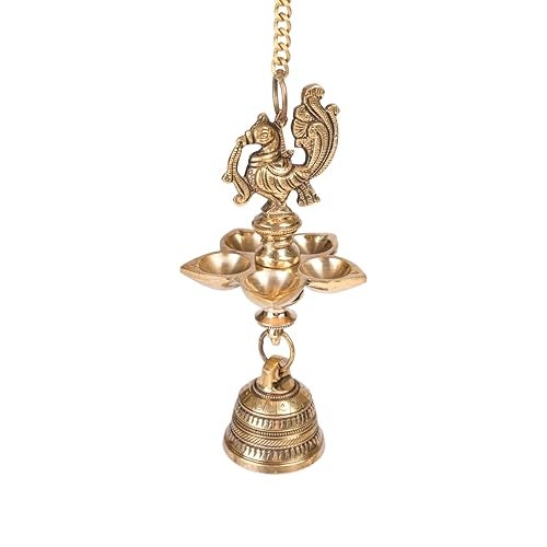 Bhimonee Decor Handcrafted Brass Peacock Hanging Diya with Bell | 5-Wick Oil Lamp | Antique Finish | Traditional Temple & Pooja Decor | Festive Hanging Deepak | Pack of 1 - Image 5