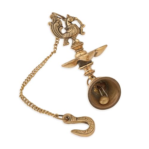 Bhimonee Decor Handcrafted Brass Peacock Hanging Diya with Bell | 5-Wick Oil Lamp | Antique Finish | Traditional Temple & Pooja Decor | Festive Hanging Deepak | Pack of 1 - Image 2