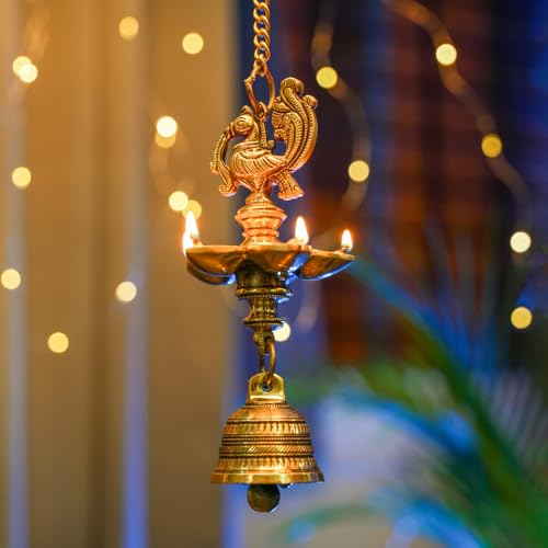 Bhimonee Decor Handcrafted Brass Peacock Hanging Diya with Bell | 5-Wick Oil Lamp | Antique Finish | Traditional Temple & Pooja Decor | Festive Hanging Deepak | Pack of 1 - Image 1
