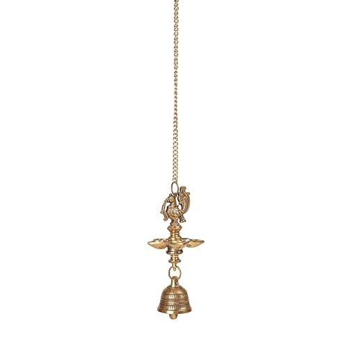 Bhimonee Decor Handcrafted Brass Peacock Hanging Diya with Bell | 5-Wick Oil Lamp | Antique Finish | Traditional Temple & Pooja Decor | Festive Hanging Deepak | Pack of 1 - Image 3