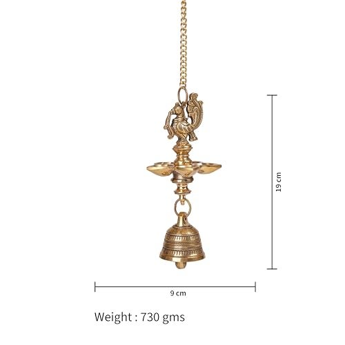 Bhimonee Decor Handcrafted Brass Peacock Hanging Diya with Bell | 5-Wick Oil Lamp | Antique Finish | Traditional Temple & Pooja Decor | Festive Hanging Deepak | Pack of 1 - Image 4