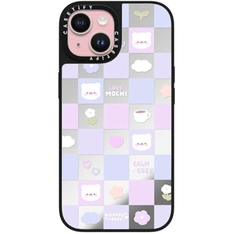 Casetify Mirror iPhone 15 Case 【Reflective / 4.9ft Drop Protection/Compatible with Magsafe】 - Mochi Checkers by sleepydaze - Silver on Black - Image 1