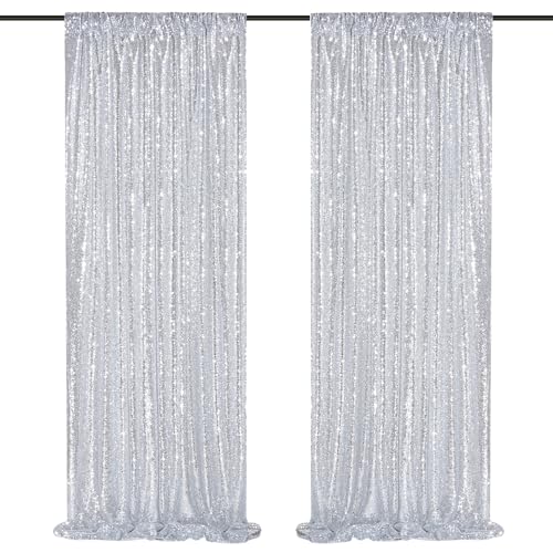 QueenDream Silver Sequin Backdrop 2 Panels 2FTx8FT Christmas Party Backdrop Curtains Glitter Photo Background for Wedding Baby Shower Stage Decorations - Image 1