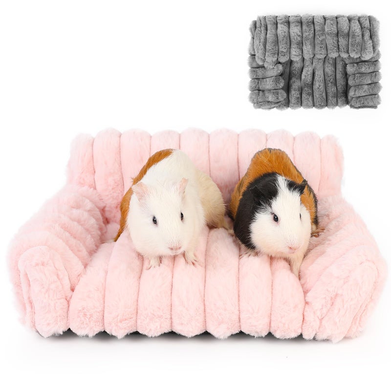 ONEJU Guinea Pig Couch - Fluffy Small Pet Sofa with with Two Removable Washable Covers, Guinea Pig Bed with Stuffed Arms and Back, Super Cozy Corduroy Fleece, Pink and Dark Gray Respectively - Image 1