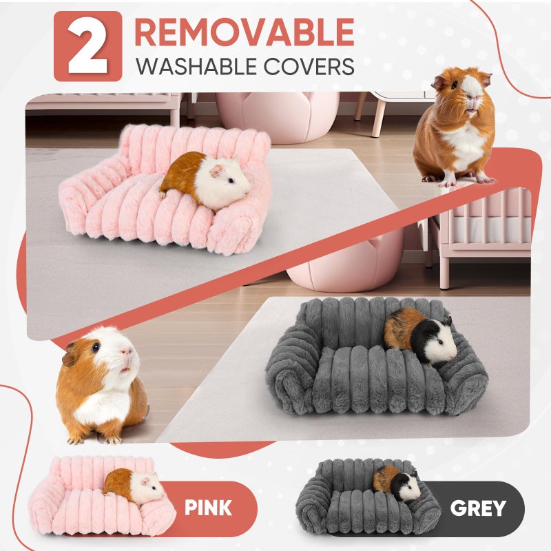 ONEJU Guinea Pig Couch - Fluffy Small Pet Sofa with with Two Removable Washable Covers, Guinea Pig Bed with Stuffed Arms and Back, Super Cozy Corduroy Fleece, Pink and Dark Gray Respectively - Image 2