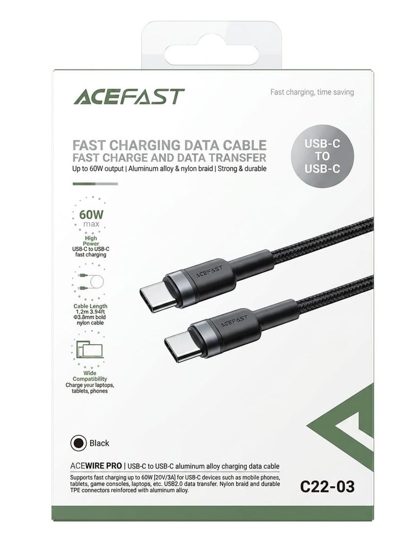 أسيفاست كابل شحن ونقل بيانات سريع أيس فاست C22-03 مضفر بقوة 60 واط ومنفذ USB-C إلى USB-C بطول 1.2 متر - أسود - Image 1