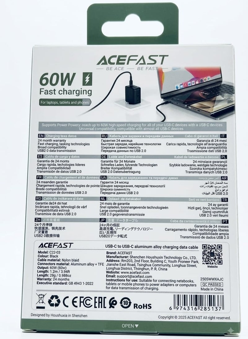 أسيفاست كابل شحن ونقل بيانات سريع أيس فاست C22-03 مضفر بقوة 60 واط ومنفذ USB-C إلى USB-C بطول 1.2 متر - أسود - Image 2