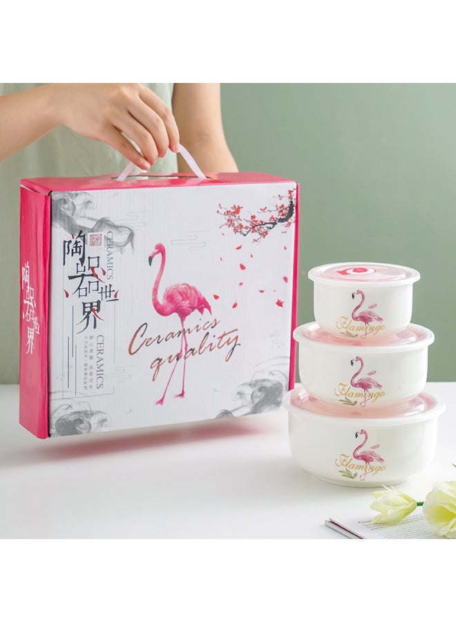 Ceramic Fresh-keeping Bowl Three-piece Vacuum Sealed Microwave Oven Gift Bowl Wedding Gift Will Sell Tableware Printing-Specifications:Flamingo-Color:3-Piece Gift Box (20 Sets Per Box) - Image 1