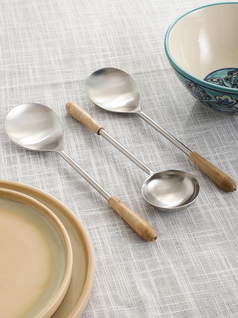 VarEesha Hand Crafted Wooden Handles Matt Steel Serving Spoons Set of Three | Elegant Lead Free Stainless Steel Server Set for Dinner| Serving Spoons for Dining Table| Cutlery for Gifting - Image 2
