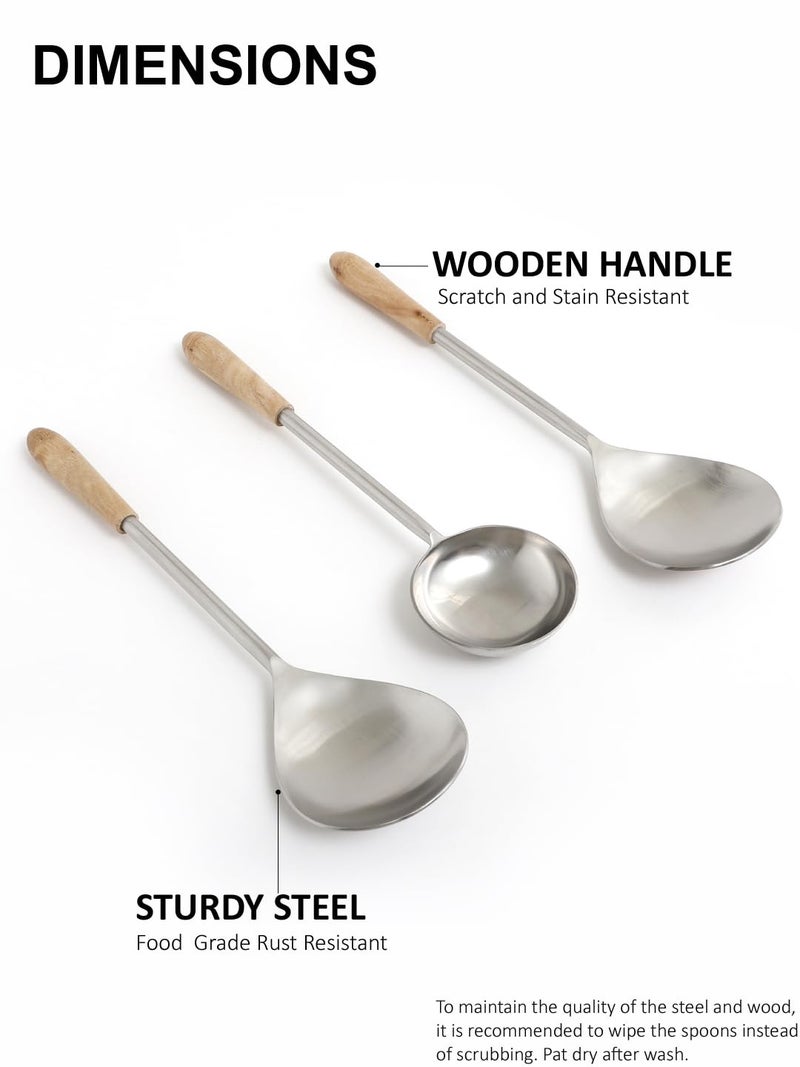 VarEesha Hand Crafted Wooden Handles Matt Steel Serving Spoons Set of Three | Elegant Lead Free Stainless Steel Server Set for Dinner| Serving Spoons for Dining Table| Cutlery for Gifting - Image 5