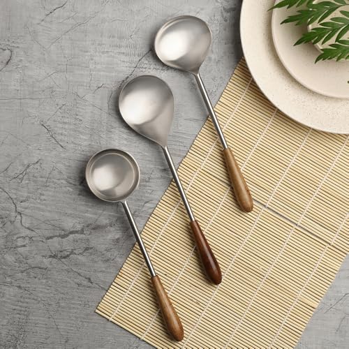 VarEesha Hand Crafted Wooden Handles Matt Steel Serving Spoons Set of Three | Elegant Lead Free Stainless Steel Server Set for Dinner| Serving Spoons for Dining Table| Cutlery for Gifting - Image 1