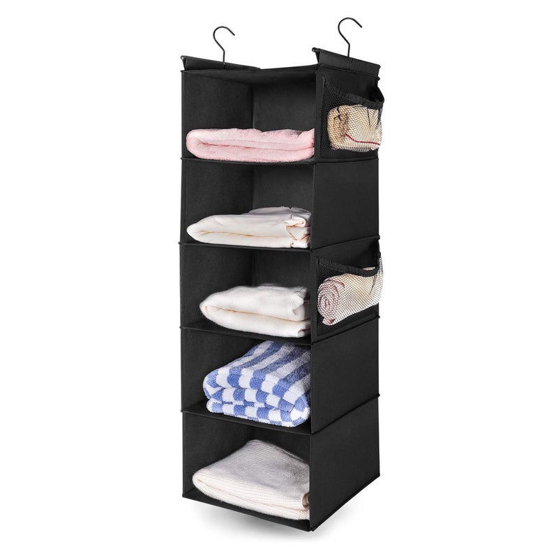 MAX Houser 5Shelf Hanging Closet OrganizerSpace Saver Cloth Hanging Shelves with 4 Side PocketsFoldable Black