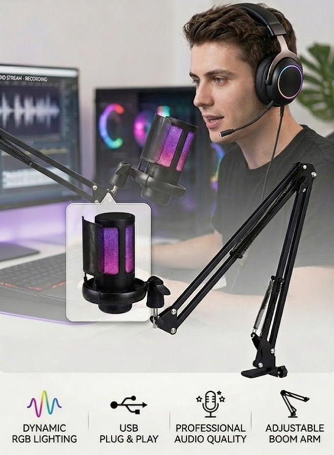 USB PC Gaming Microphone with RGB Light. Condenser Microphone with Mute Button, Volume Control, 3.5mm Headphone Jack. Compatible with Window (Black-with Boom Arm) - Image 1