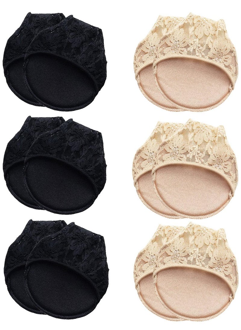 6 Pairs of Women's Half Toe Socks - Lace Toe Topper No Show Liner Seamless Design with Padded Forefoot and Non-Slip Grip, Available in Black and Nude, One Size Fits All.