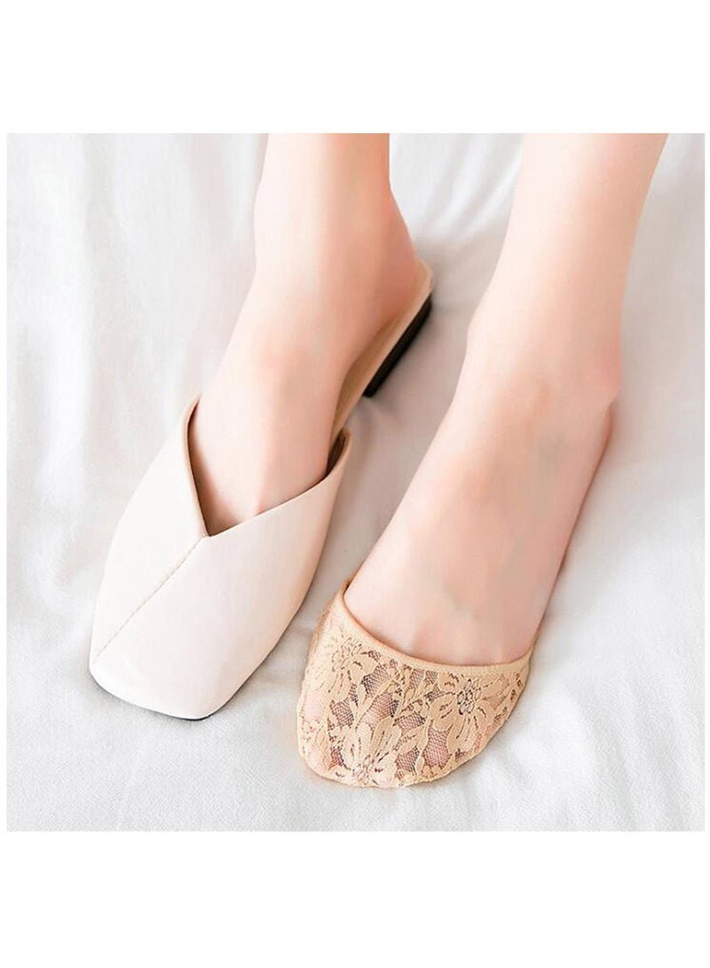 6 Pairs of Women's Half Toe Socks - Lace Toe Topper No Show Liner Seamless Design with Padded Forefoot and Non-Slip Grip, Available in Black and Nude, One Size Fits All.