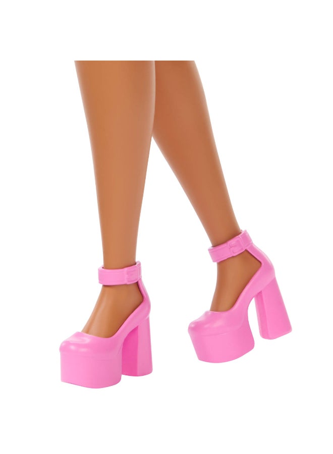 Barbie Deluxe Style Doll #16 in Pink Vinyl Barbiecore Skirt, Black Satin Crop Top, Long Brown Hair, Black Clutch, and Silver Jewelry​​ - Image 4