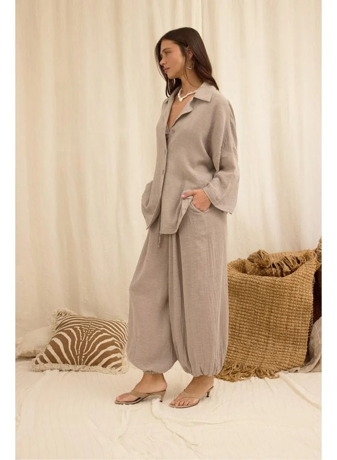 Bohemai  Cozy Shawl-Detail Violet Three-Piece Shirt, Pants, Linen Suit. for Women | Best Price UAE