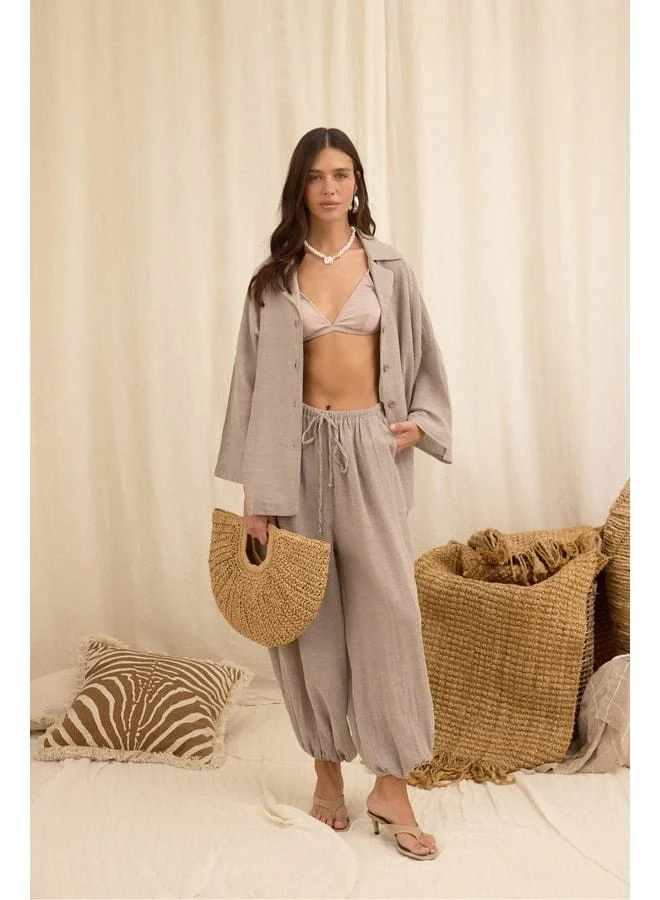 Cozy Shawl-Detail Violet Three-Piece Shirt, Pants, Linen Suit.