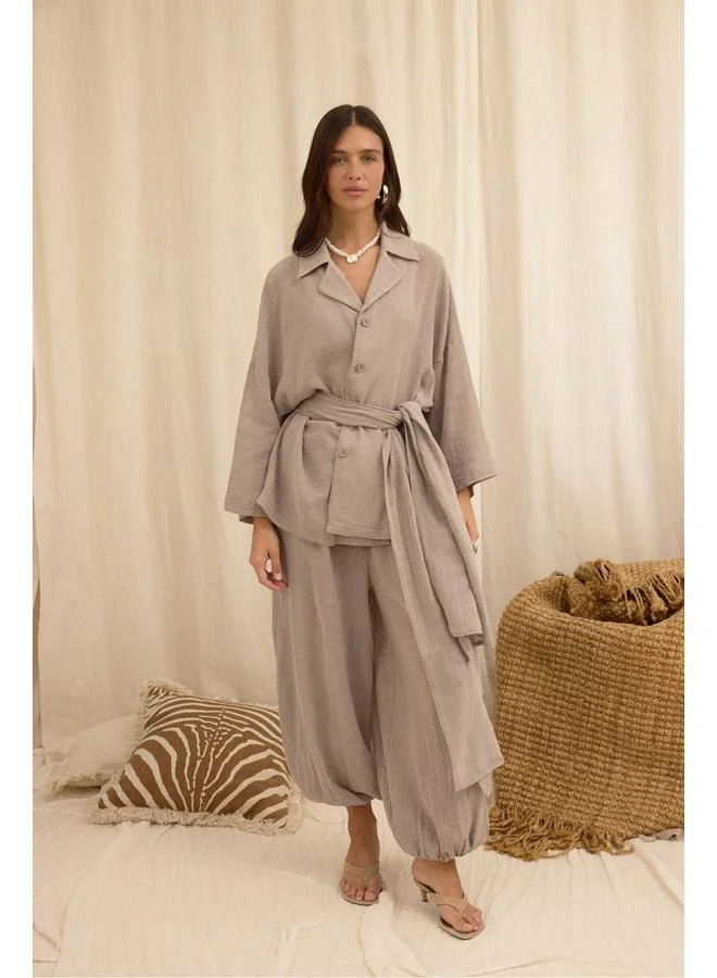 Bohemai  Cozy Shawl-Detail Violet Three-Piece Shirt, Pants, Linen Suit. for Women | Best Price UAE