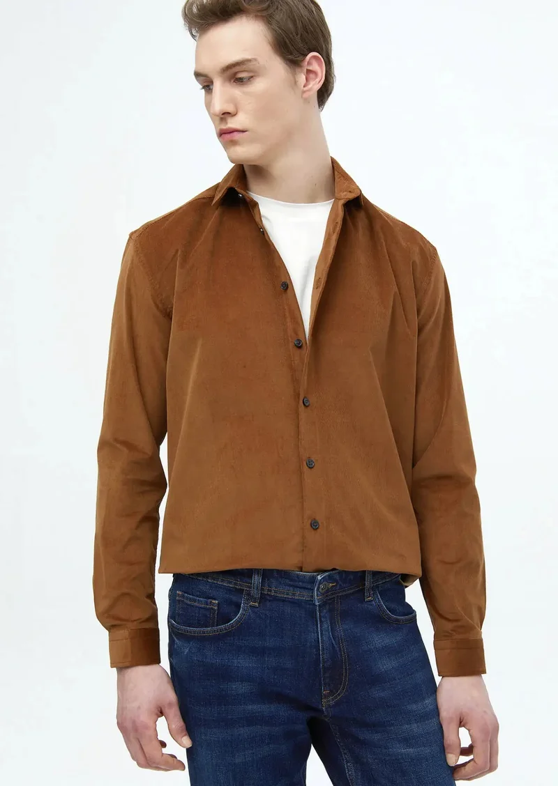 RAMSEY Brown Plain Casual Fit Weaving Casual 100% Cotton Shirt