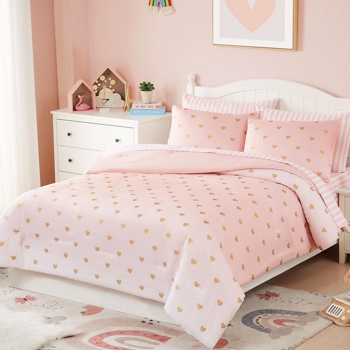 FULL SIZE COMFORTER SETS WITH SHEETS FOR GIRLS7 PIECES FULL SIZE BEDDING SETS WITH PINK COMFORTER SHEETS PILLOWCASES SHAMS FOR KIDS PINK GOLD HEART 76 X 86