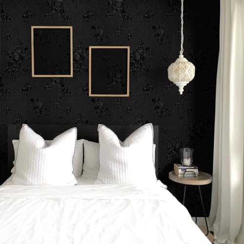 Erfoni Black Peel and Stick Wallpaper Black Floral Embossed Contact Paper 17.7inch×393.7inch Removable Textured Flower Wallpaper Self Adhesive Thicken Accent Wall Countertops Wall Paper - Image 4