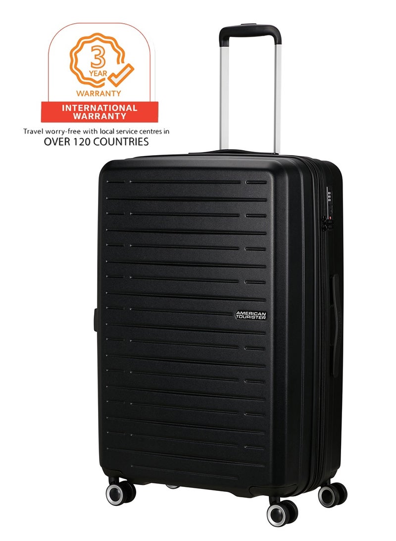 امريكان توريستر حقيبة سفر آيروجوي، حجم الأمتعة المسجلة ٨٠ سم، ٤ عجلات، سطح صلب، ، أسود، قفل ، مقسم داخلي شبكي بسحاب، قابلة للتوسيع، أشرطة متقاطعة، خفيفة الوزن - ضمان دولي ٣ سنوات - Image 1