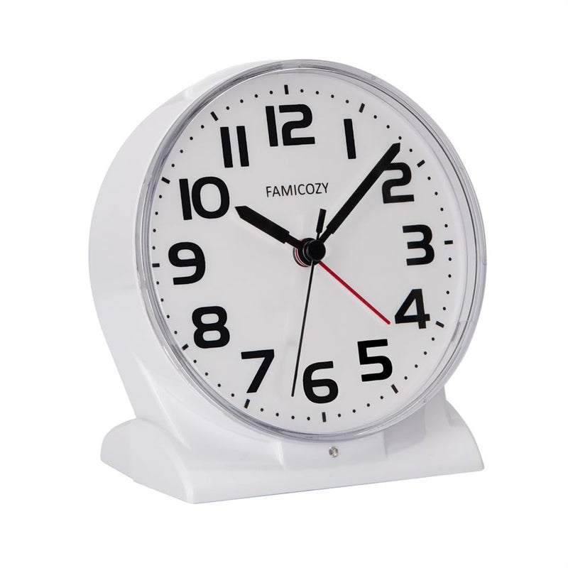 FAMICOZY Automatically Backlighted Alarm ClockSilent No Ticking for Seniors Vision ImpairedEasy to SetBig NumbersAscending AlarmGentle WakeSnooze2 AA Battery OperatedWhite