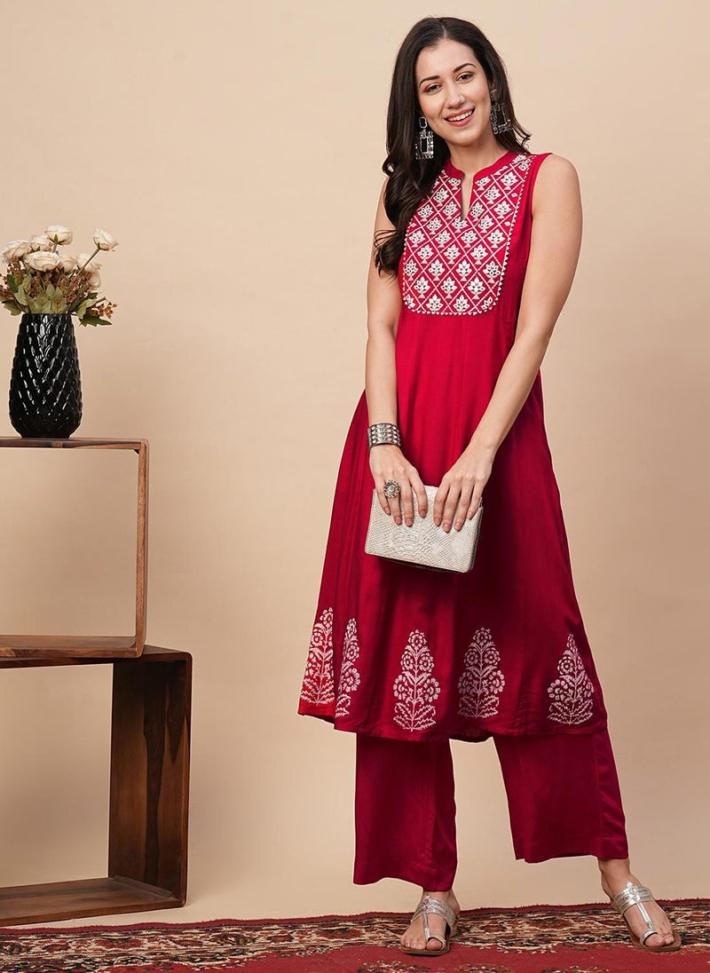 Globus Women's Red A-Line Kurta Set with Mandarin Collar and Embroidered Yoke - Image 1
