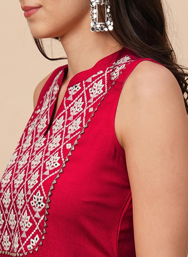 Globus Women's Red A-Line Kurta Set with Mandarin Collar and Embroidered Yoke - Image 5