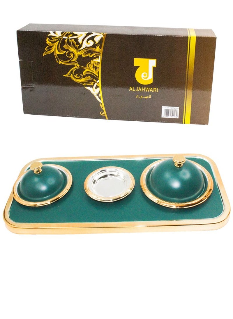 الجواهر طقم صواني ووعاء فاخر عالي الجودة ، تمور مزخرفة وسلطانيات حلوة بغطاء وصينية ، طريقة التقديم العربية التقليدية - Image 1