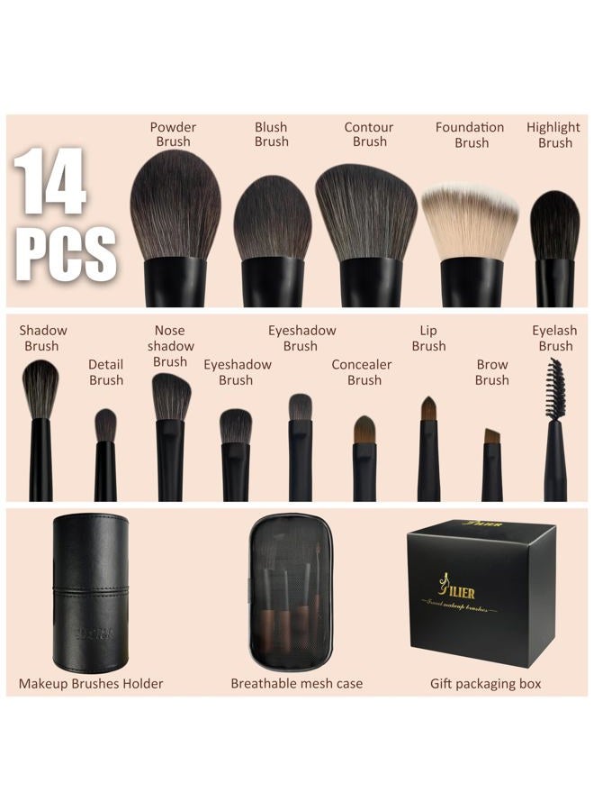 JILIER Travel Makeup Brush Set, 14 pcs Mini Makeup Brushes for Foundation, Powder, Eyeshadow, Highlight, Contour, Blush & Concealer, Small Makeup Brush Set Purse Size with Case - Image 2