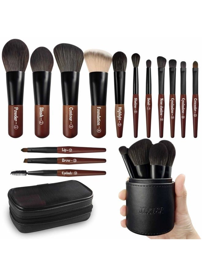 JILIER Travel Makeup Brush Set, 14 pcs Mini Makeup Brushes for Foundation, Powder, Eyeshadow, Highlight, Contour, Blush & Concealer, Small Makeup Brush Set Purse Size with Case - Image 1