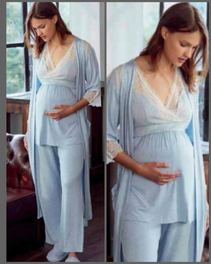 انيل 9603 Blue New Season Pregnant Maternity 3-Piece Pajama Dressing Gown Set