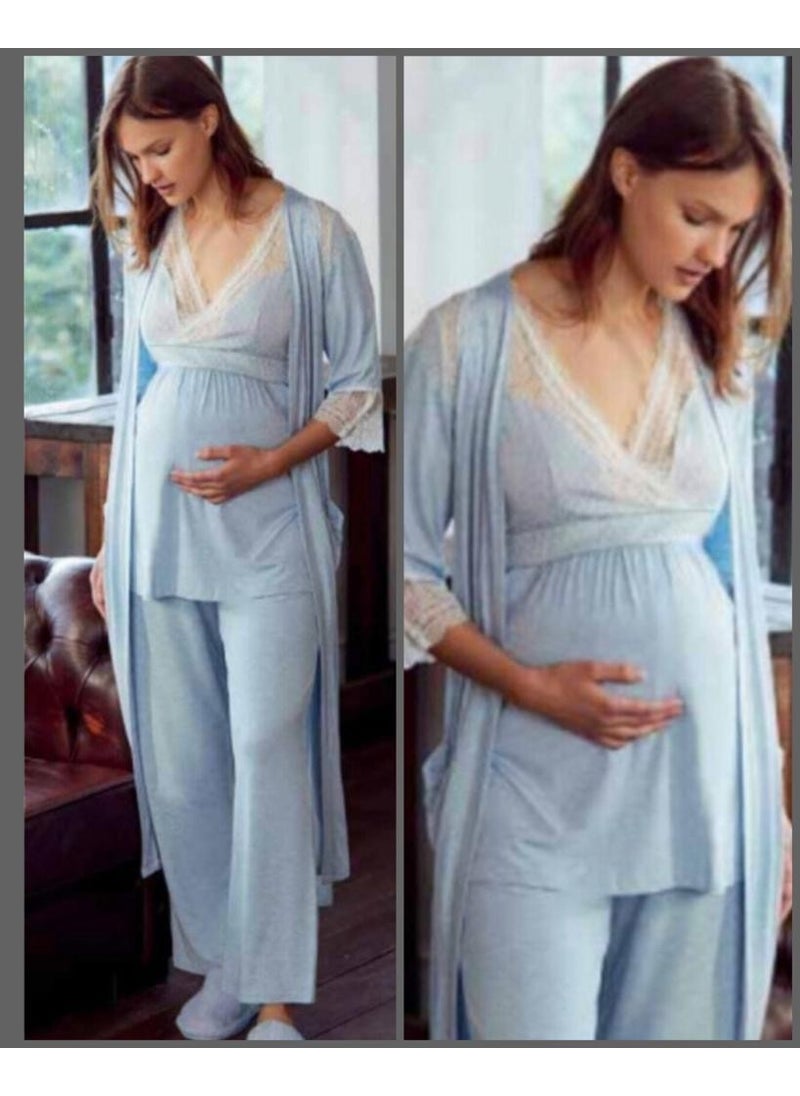 Anıl - 9603 Blue New Season Pregnant Maternity 3-Piece Pajama Dressing Gown Set - Image 1