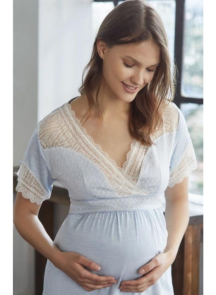 Anıl - 9603 Blue New Season Pregnant Maternity 3-Piece Pajama Dressing Gown Set - Image 1