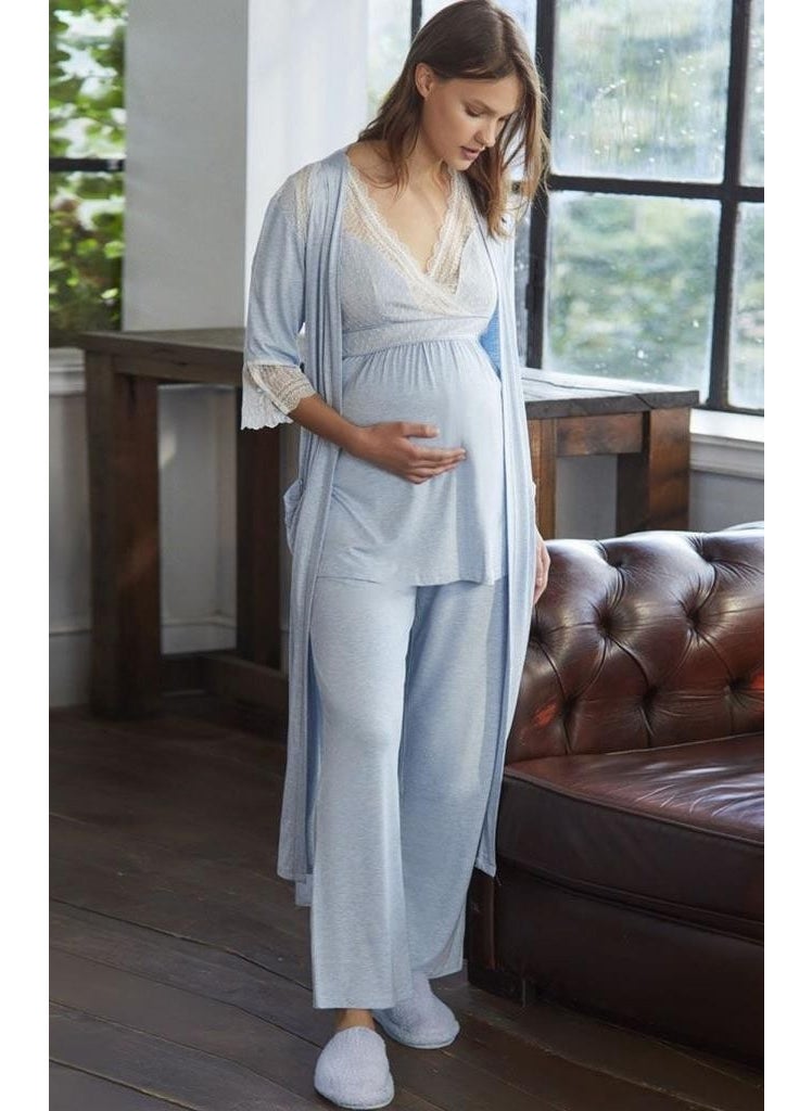 Anıl - 9603 Blue New Season Pregnant Maternity 3-Piece Pajama Dressing Gown Set - Image 1