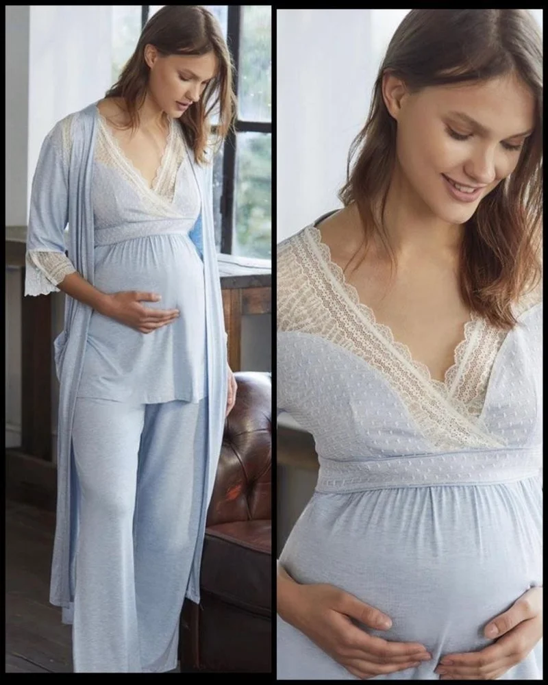انيل 9603 Blue New Season Pregnant Maternity 3-Piece Pajama Dressing Gown Set