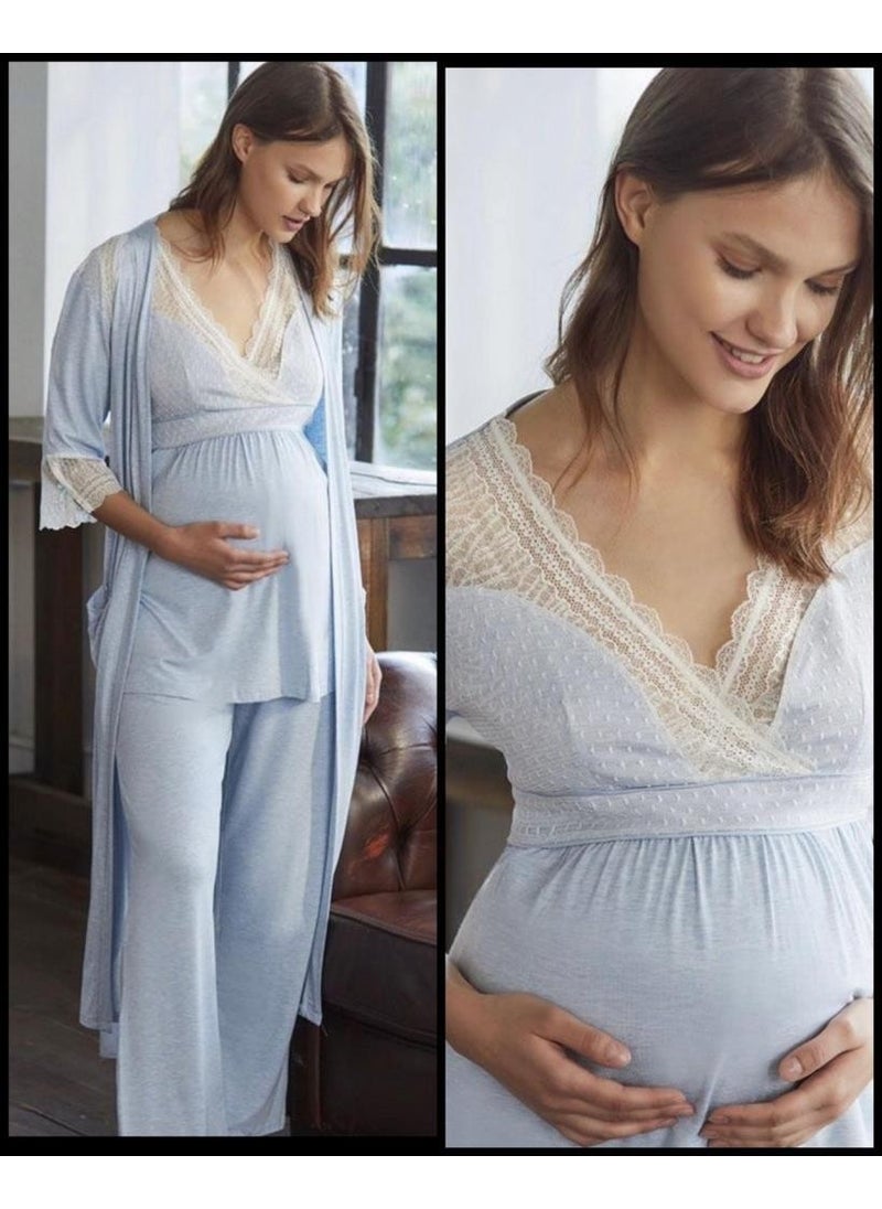 Anıl - 9603 Blue New Season Pregnant Maternity 3-Piece Pajama Dressing Gown Set - Image 1