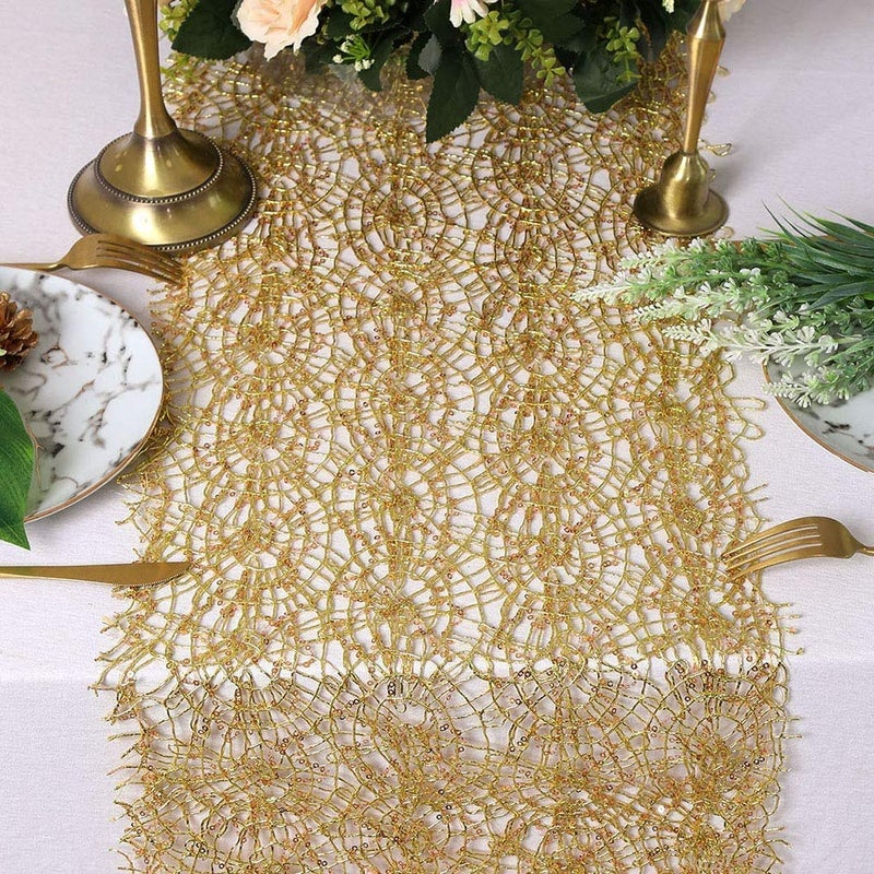6 Pack Sequin Mesh Table Runner Gold 12 x 80 inch Glitter Gold Table Runner for Rectangle Table for Birthday Wedding Banquet Holiday Party Decorations