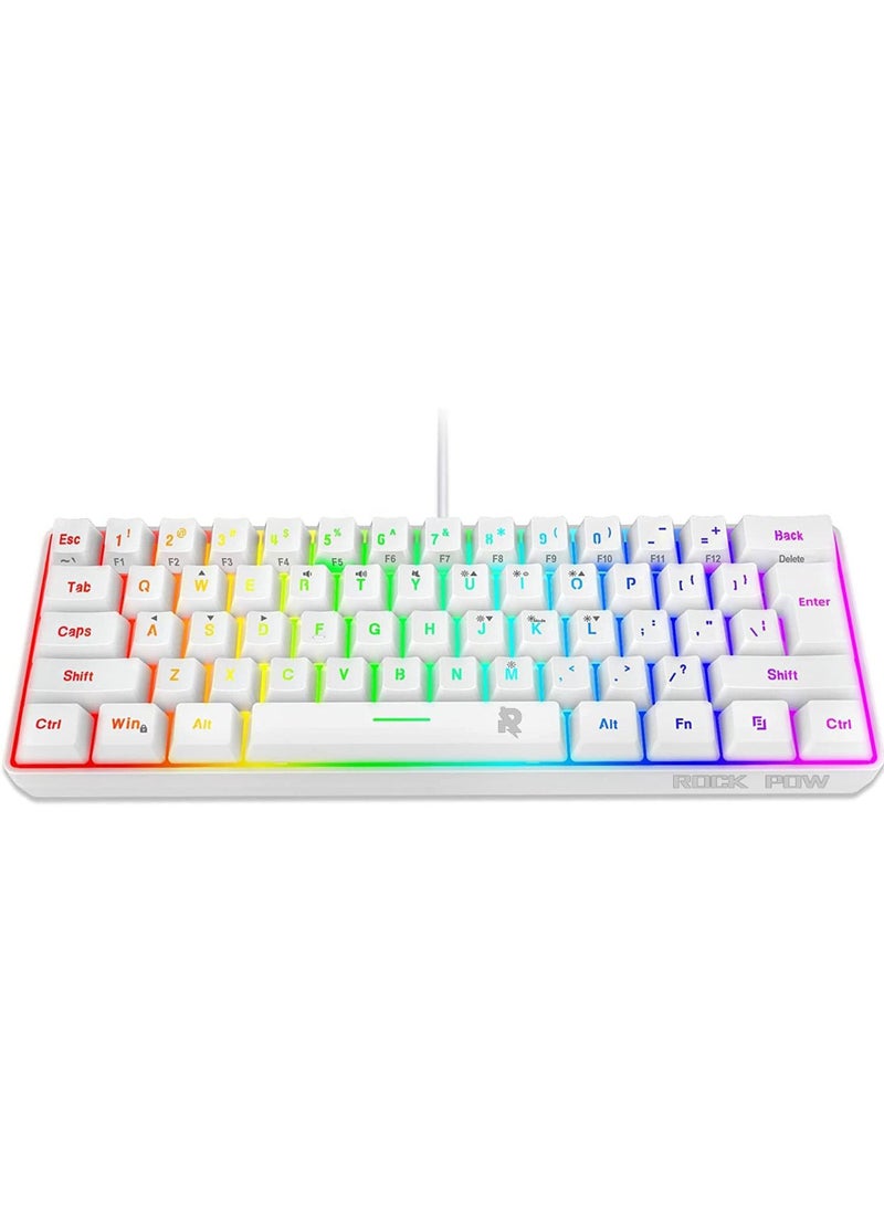 Rock Pow - 60% Wired Gaming Keyboard, 61 Keys RGB Backlit Wrist Rest Ultra-Compact Mini Waterproof Keyboard for PC Computer Gamer White - Image 1