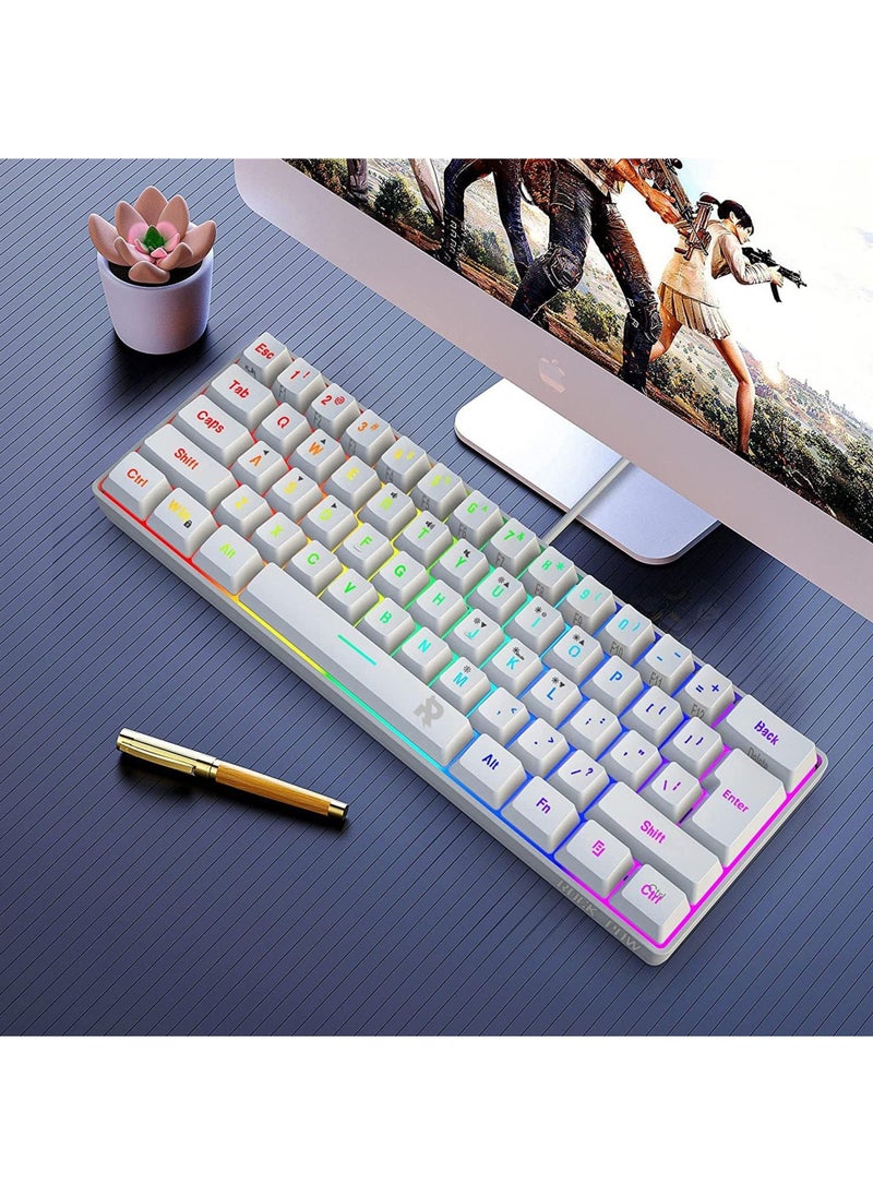Rock Pow - 60% Wired Gaming Keyboard, 61 Keys RGB Backlit Wrist Rest Ultra-Compact Mini Waterproof Keyboard for PC Computer Gamer White - Image 1