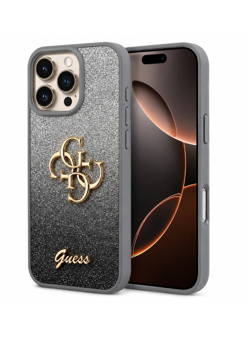GUESS Luxury Glitter Back Case with Gold Logo for iPhone 16 Pro  – Elegant Gray Frame Shockproof Protective Cover - Image 1