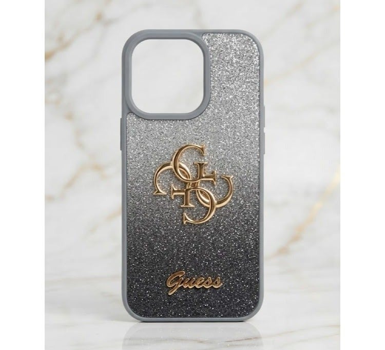 GUESS Luxury Glitter Back Case with Gold Logo for iPhone 16 Pro  – Elegant Gray Frame Shockproof Protective Cover - Image 2