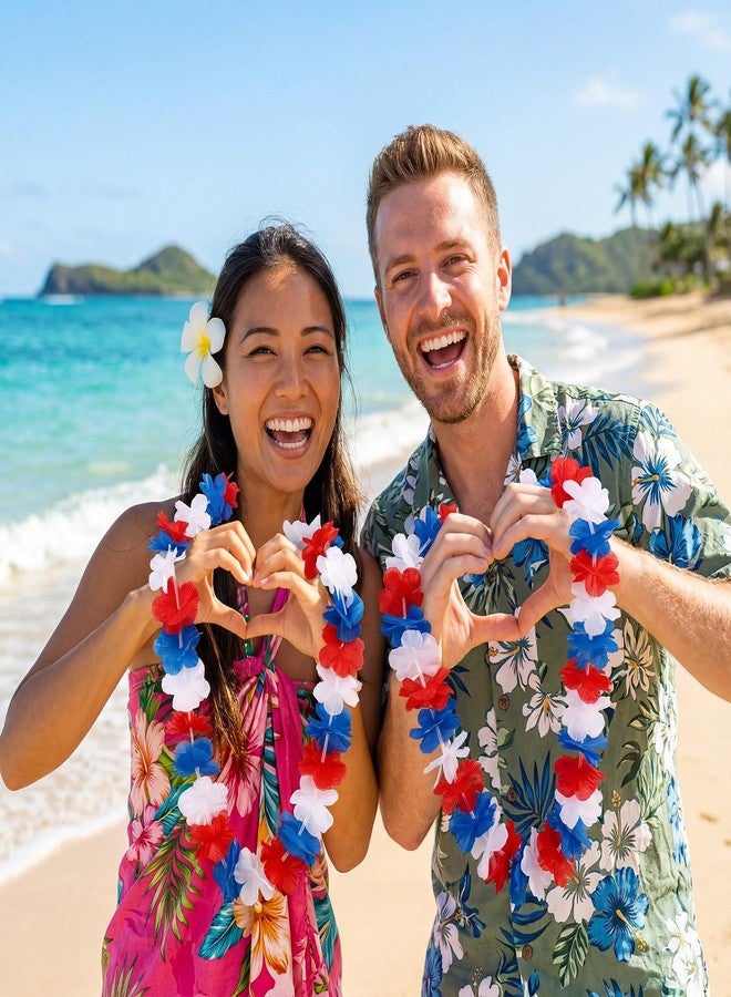 Suncalla 12 Pcs Hawaiian Leis Garland Ruffled Hula Aloha Flower Necklaces Luau Hen Stag Hawaiian Fancy Dress Decorations for Adults Beach Tropical Themed Birthday Summer Party Favor(Red, Blue, White) - Image 3
