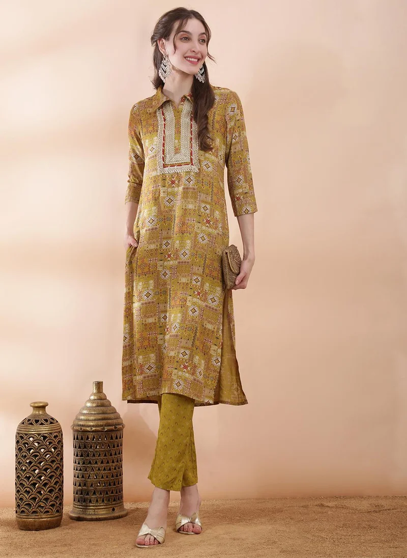 globus Globus Women Mustard Ethnic Motifs Foil Print Collared Neck Insert Yoke Straight Kurta With Pant Festive Set