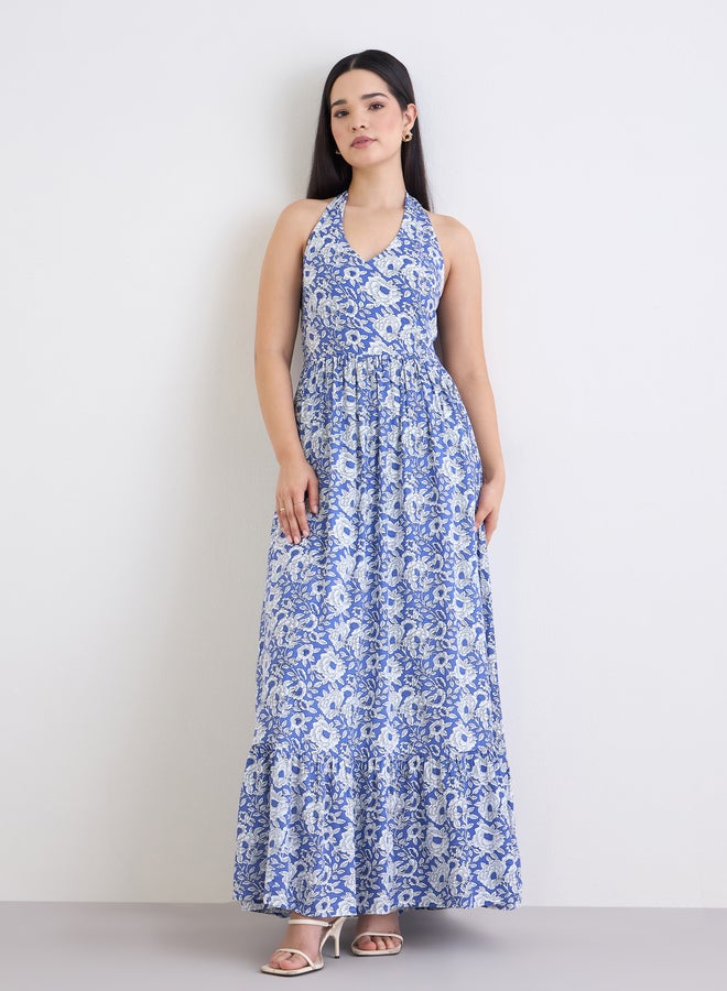 Styli Printed Halter Neck A-Line Maxi Dress - Image 3
